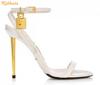 Fashion Metallic Heel Lock Ankle Strap Sandals Round Toe Slingback One Word Belt High Heels Stiletto Heel Women Fashion Sandals Padlock