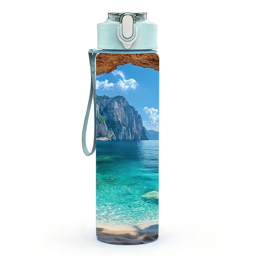 1PC Ocean Sea Cave Coastal Nature Landscape Art 750ml Color Plastic Sports Water Bottle Leakproof Flip Straw Lid Suitable for Sports Office Home Use