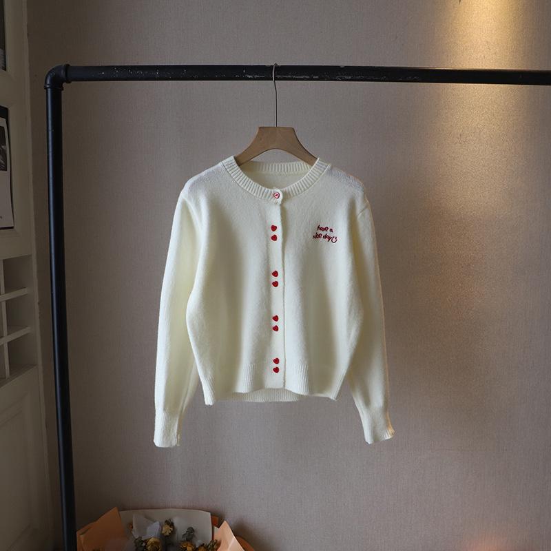 2026 Korean Sweet Knit Cardigan: Heart Button, Round Neck, Embroidered Letters, Women's Autumn/Winter Style