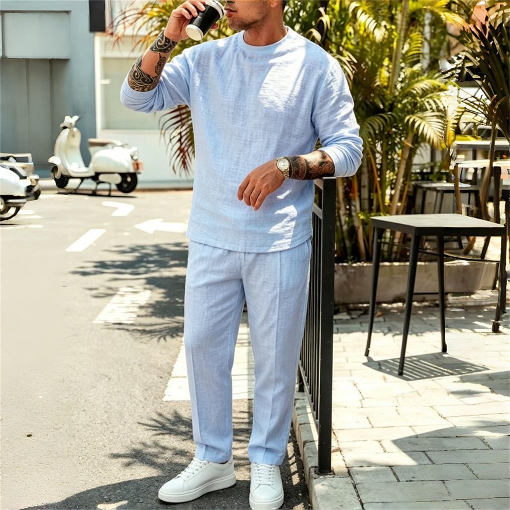 Men's Casual Cotton Linen Long Sleeve Shirt and Drawstring Pants Set - Lightweight Breathable Vintage Outfit