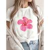 White T Shirt With Pink Hibiscus Flower Print For Casual Summer Wear