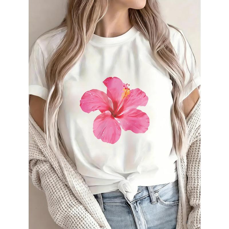 White T Shirt With Pink Hibiscus Flower Print For Casual Summer Wear