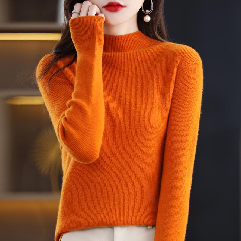 Women's Pure Wool Long Sleeve Pullover Sweater with Half-High Neck - Solid Color, Base Layer for Autumn and Winter