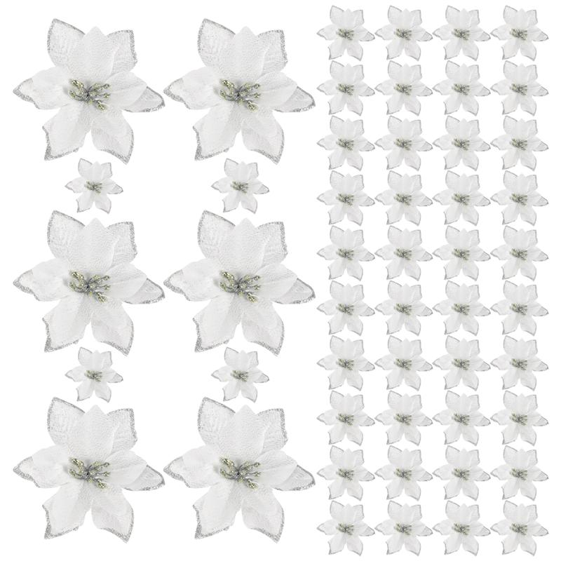 Good-50 Pack Glitter Poinsettia Christmas Tree Ornaments Artificial Silk Flowers Picks Decor Wreath Garland Holiday