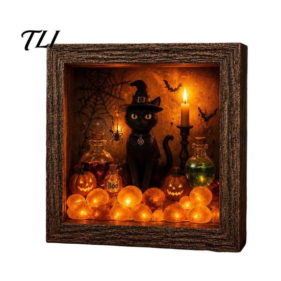 Tabletop Home Accent DIY Lighted Halloween Ghost Shadow Box Kit, Wooden Frame LED Warm Light, Gothic Crystal Glass Display Case Memory with