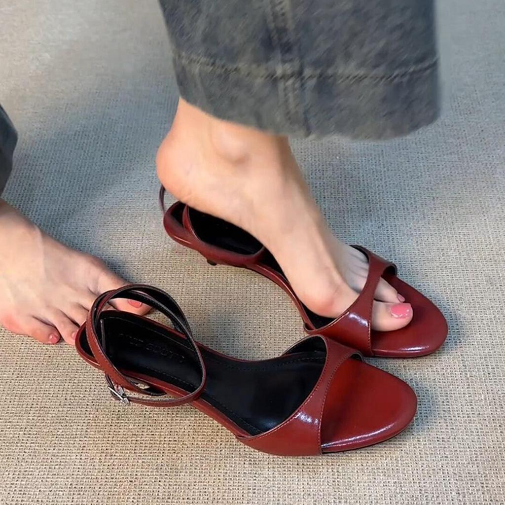 Sheepskin version~ niche fashion leather open-toe with sandals women's simple temperament round head high heels summer