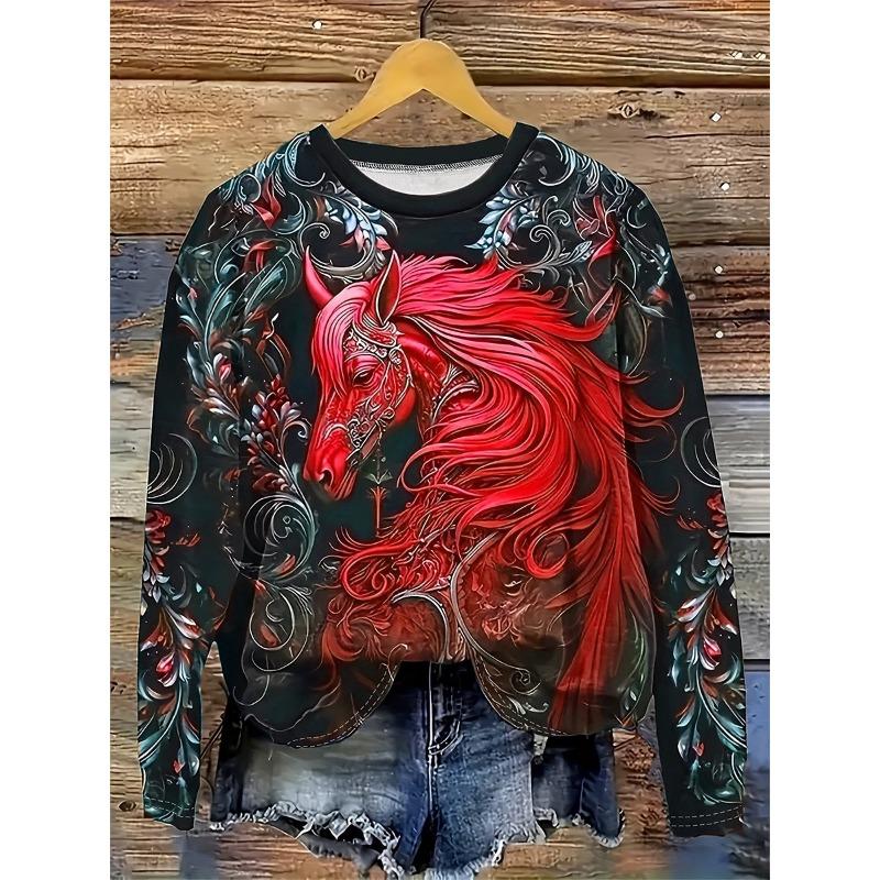 Fashion Horse 3D Printing Women's Long Sleeved T-shirt Autumn Casual Holiday Gifts Festival Tops Harajuku Women's Clothing Tops