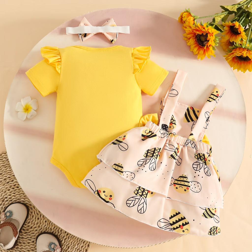 Baby Summer Outfit Set Girl Short Sleeve Bodysuit Romper Ladybug Print Dress with Bowknot Straps and Headband Infant Clothes
