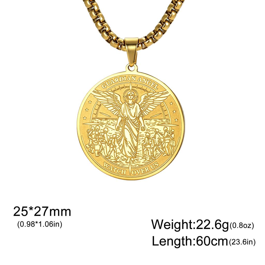 Guardian Angel Coin Pendant Necklace Stainless Steel Engraved Christian Catholic Protective Amulet Medal Jewelry For Men Women