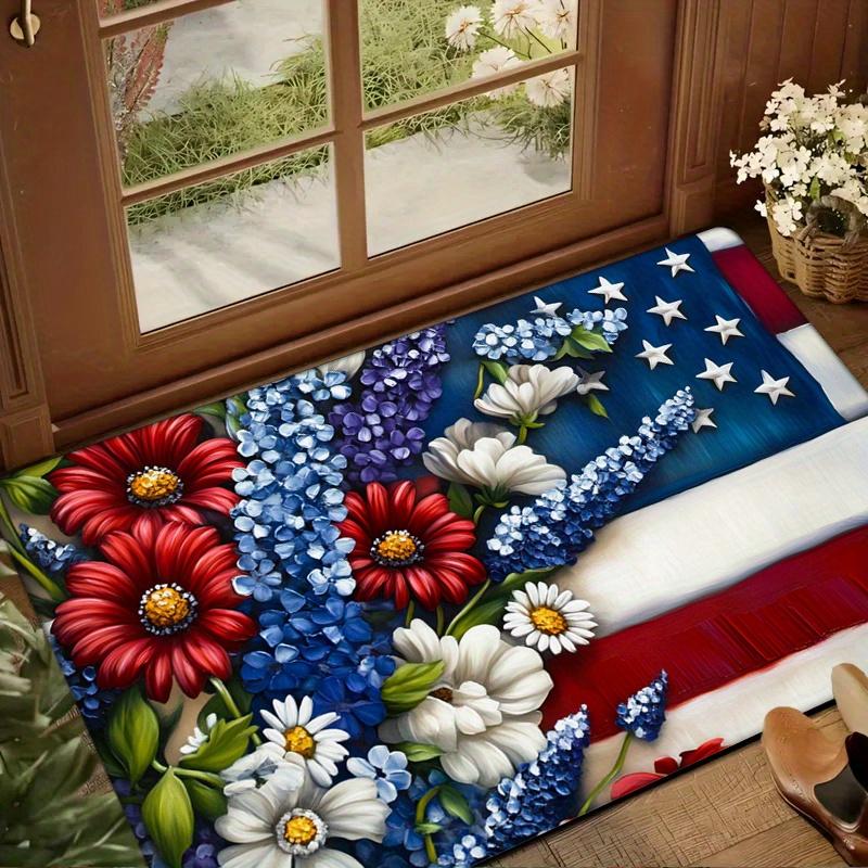 Flannel Sponge 0.47inch Thick - 1pc American Flag and Floral Pattern Kitchen Fl Mat, Non-Slip Floor Area Mat, Doormat for Entryw