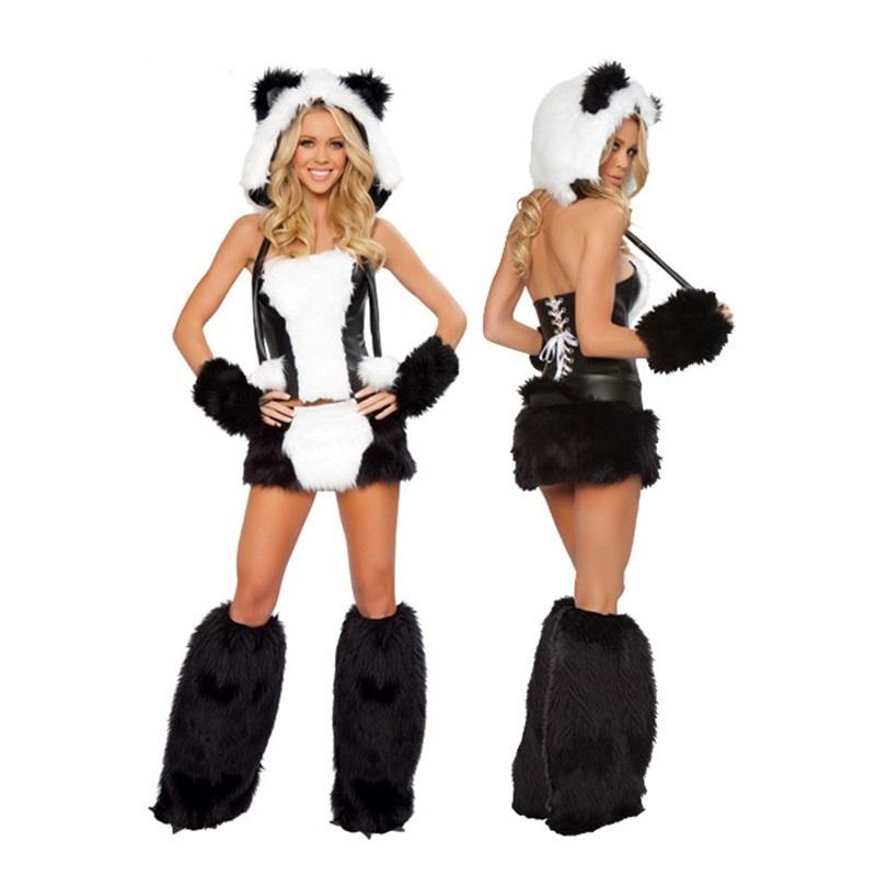 Costume Gatto Leopardo da Donna con Coda Cappuccio Peloso Animale Cosplay Outfit Festa di Halloween Travestimento Clubwear