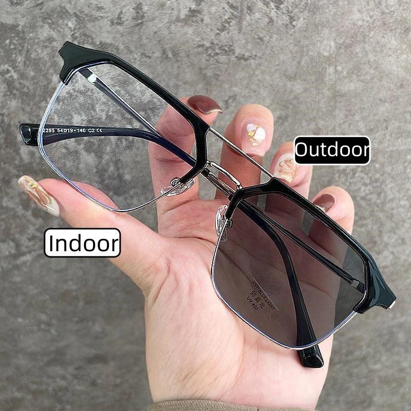 Trendy Metal Double Beam Photochromic Myopia Glasses Retro Polygonal Full Frame Near Sight Glasses Anti Blue Light Glasses