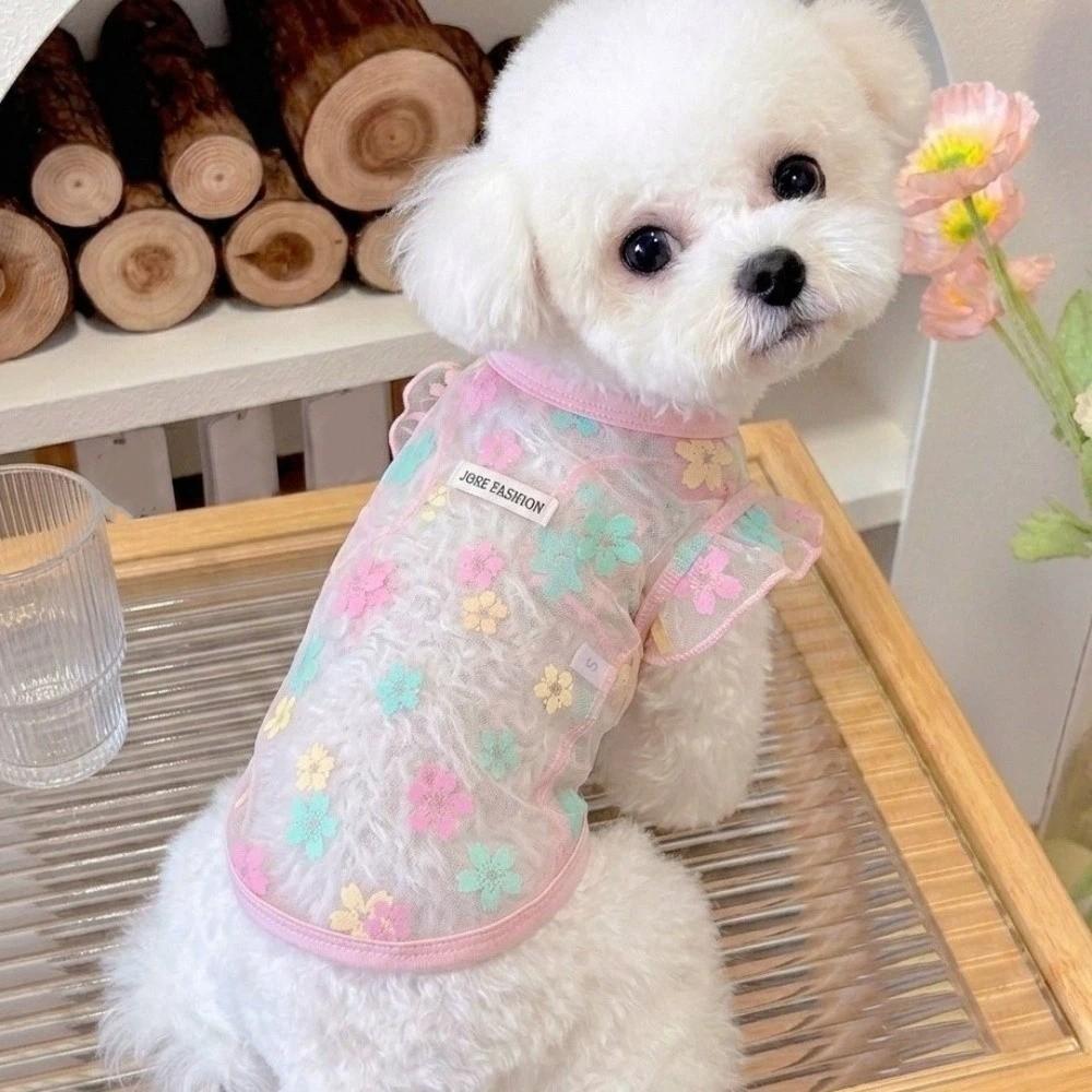 Thin Breathable Cooling Dog Vest Floral Print Sunproof Cat Summer Clothes Flying Sleeves Lightweight Cat Mesh T Shirt Summer