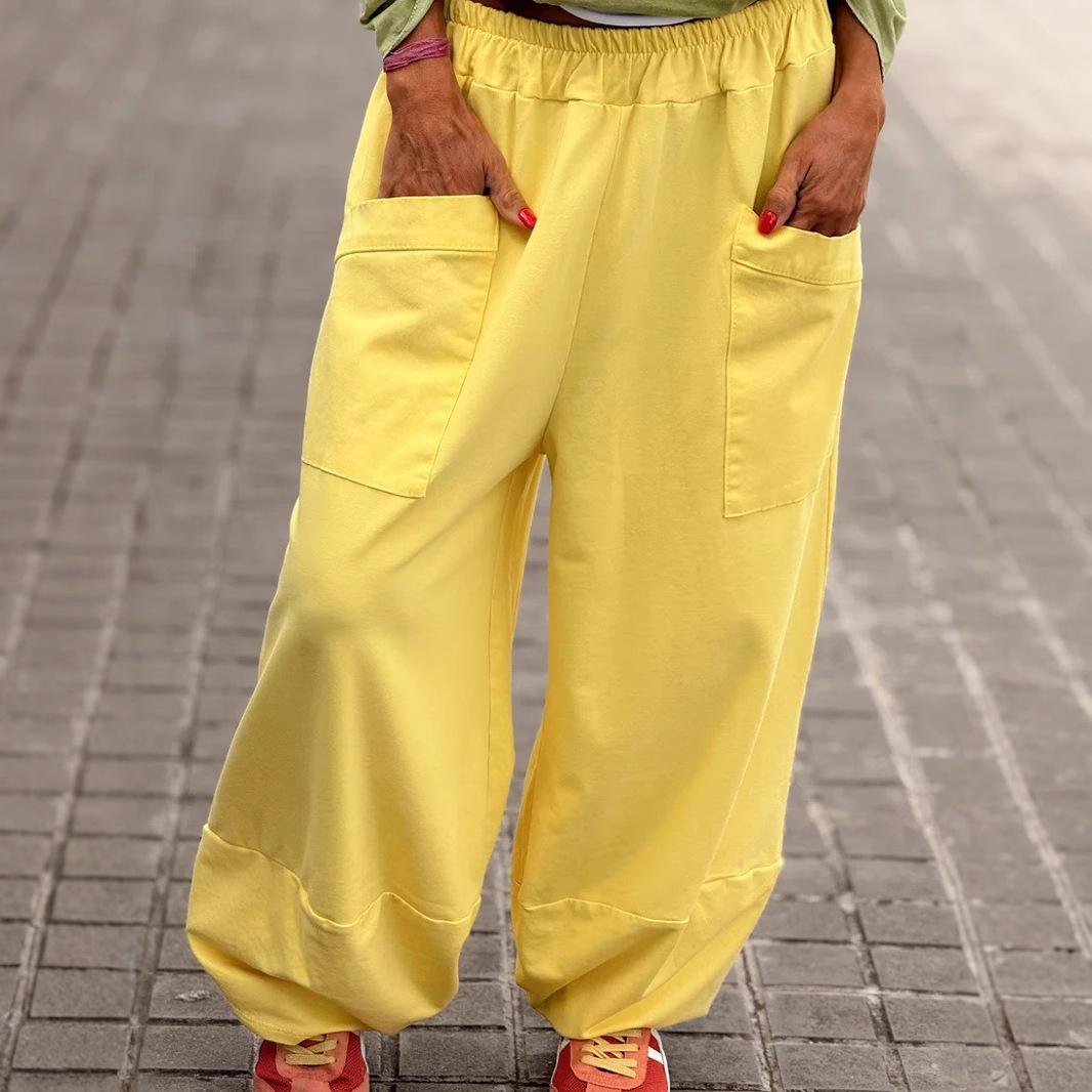 

Однотонные повседневные брюки с карманами, эластичной талией и широкими штанинами 5XL жёлтый