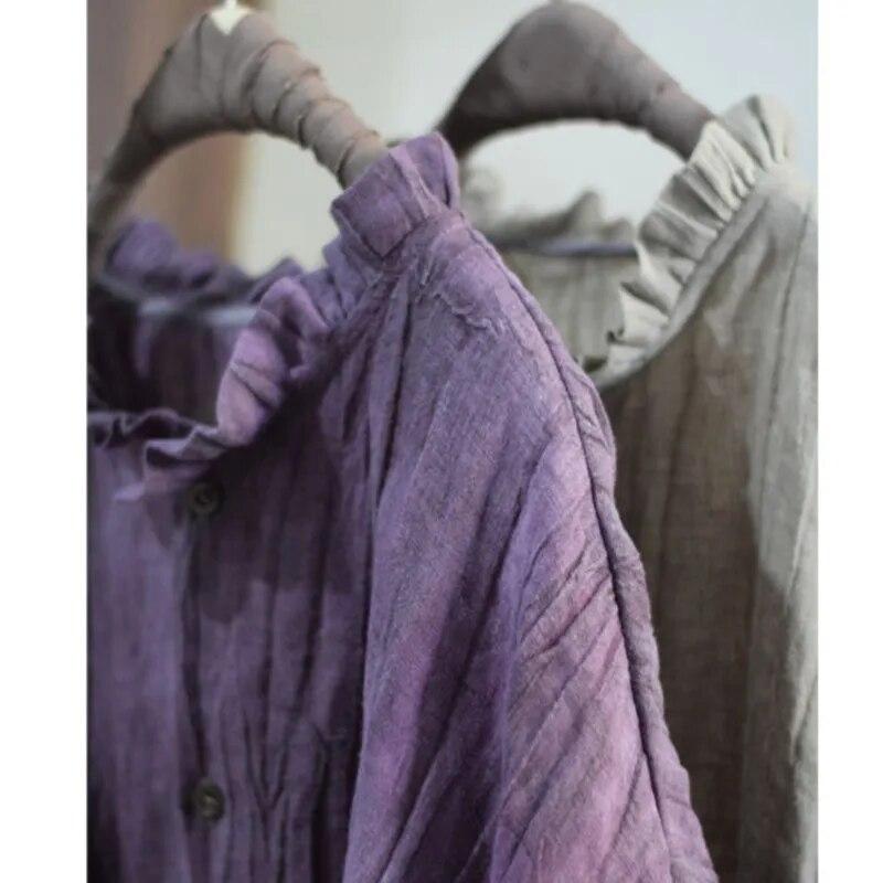 Johnature Linen Retro Irregular Vintage Style Shirt Autumn Woman Long Sleeves Casual Single Breasted Shirt