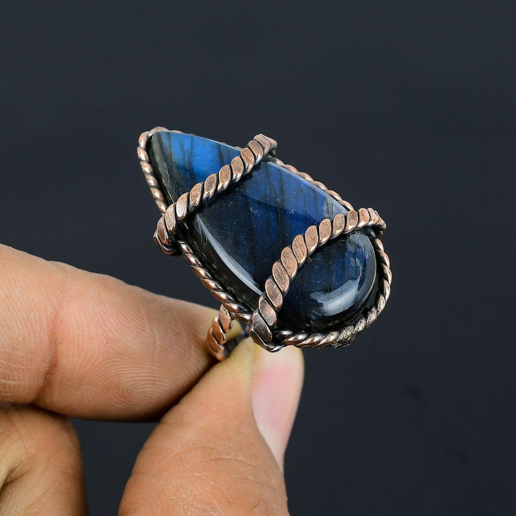 Labradorite Gemstone Copper Wire Wrapped Handmade Jewelry Ring For Wedding Gift All Size