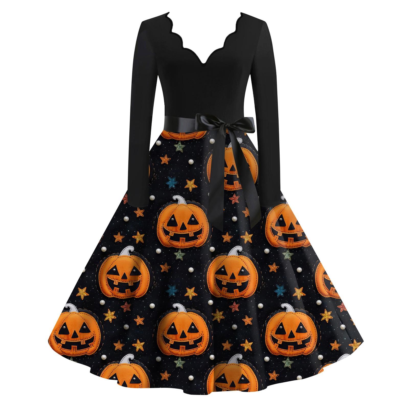 

Женская повседневная мода с длинным рукавом Хэллоуин принт винтажные длинные платья осень L чёрный