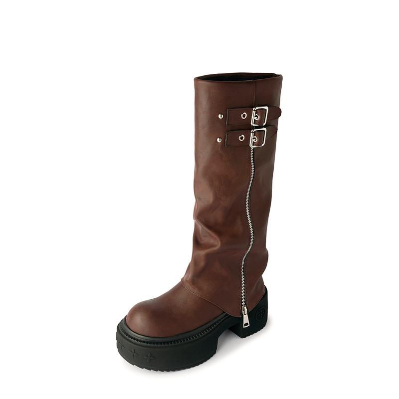 Cool Sa Handsome Round Head Belt Buckle Full Of Personality Pants Boots Autumn Round Head Thick-Soled High Boots Women