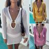 New Style Solid Color Ring Hollow Texture Knit Dress for Women, UV Protection, Simple Long Sleeve Short Length Dress