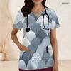 Women Plus Size Abstract Printed Nurse Scrub Top Keyhole Neck Short Sleeve With Front Pockets