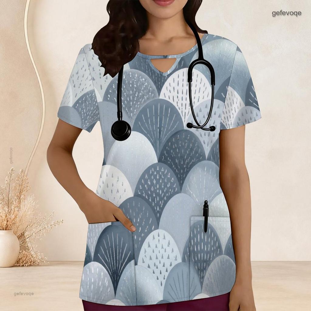 Women Plus Size Abstract Printed Nurse Scrub Top Keyhole Neck Short Sleeve With Front Pockets