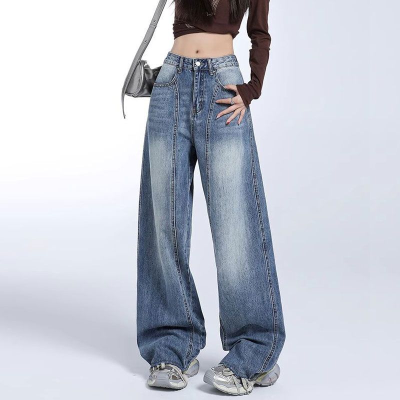 Comfortable High Street Trendy Vintage Washed Denim Trousers High-waisted Wide-legged Petite Casual Straight Trousers Jeans for Women Long Denim Pants