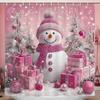 Pink Cartoon Christmas Snowman Shower Curtain, Bathroom Shower Curtain, Printed Christmas Curtain For Home Holiday Decoration