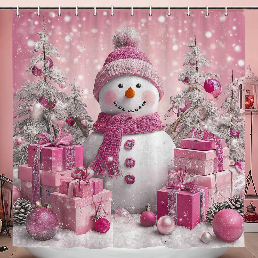 Pink Cartoon Christmas Snowman Shower Curtain, Bathroom Shower Curtain, Printed Christmas Curtain For Home Holiday Decoration