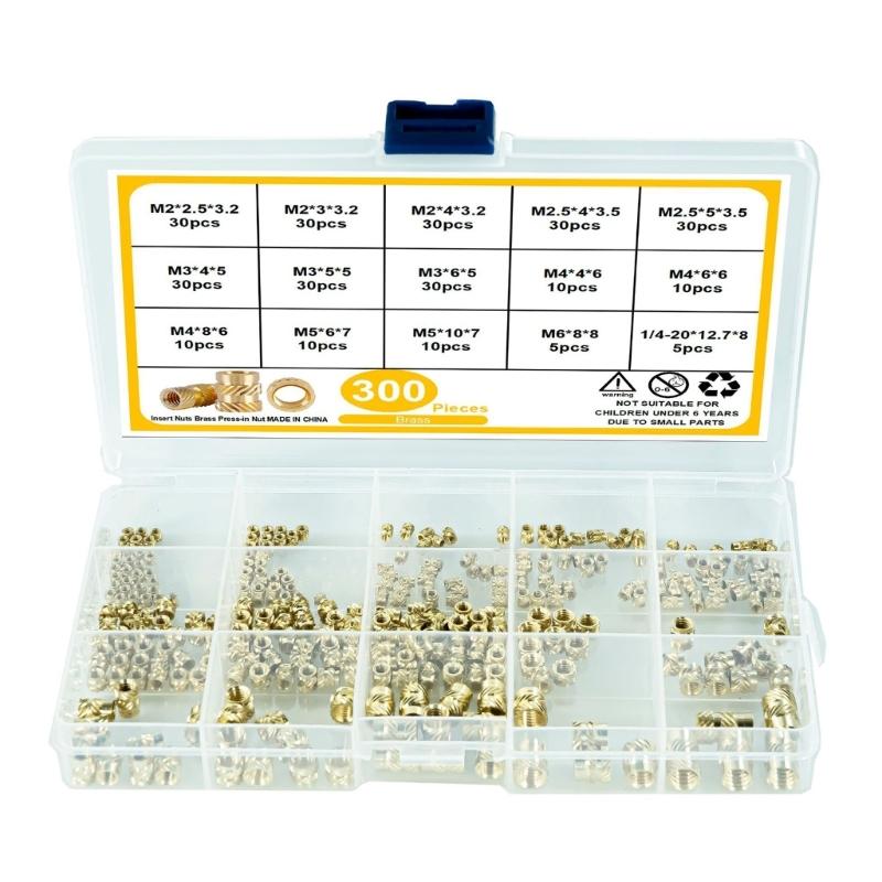 300Pcs 2/2.5/3/4/5/6mm Metric Threaded Inserts Knurled Nuts Inserts for 3D Printing Injections Molding Press Thread Nuts