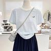 Pure Cotton Striped Embroidered Puppy Summer New Korean Cartoon Loose Slimming Short-sleeved Bottoming Shirt T-shirt Women's Half-sleeve
