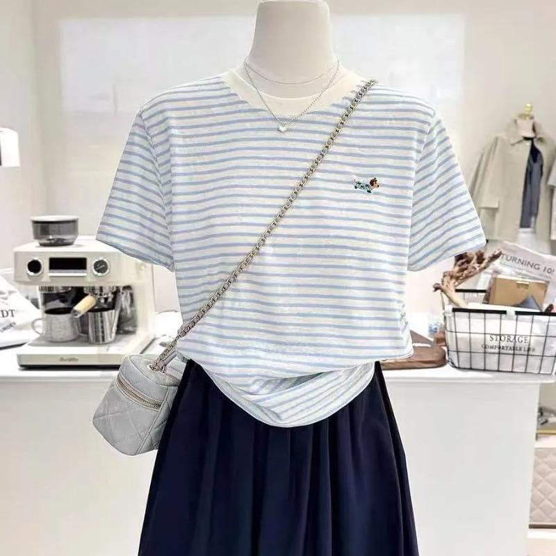 Pure Cotton Striped Embroidered Puppy Summer New Korean Cartoon Loose Slimming Short-sleeved Bottoming Shirt T-shirt Women's Half-sleeve