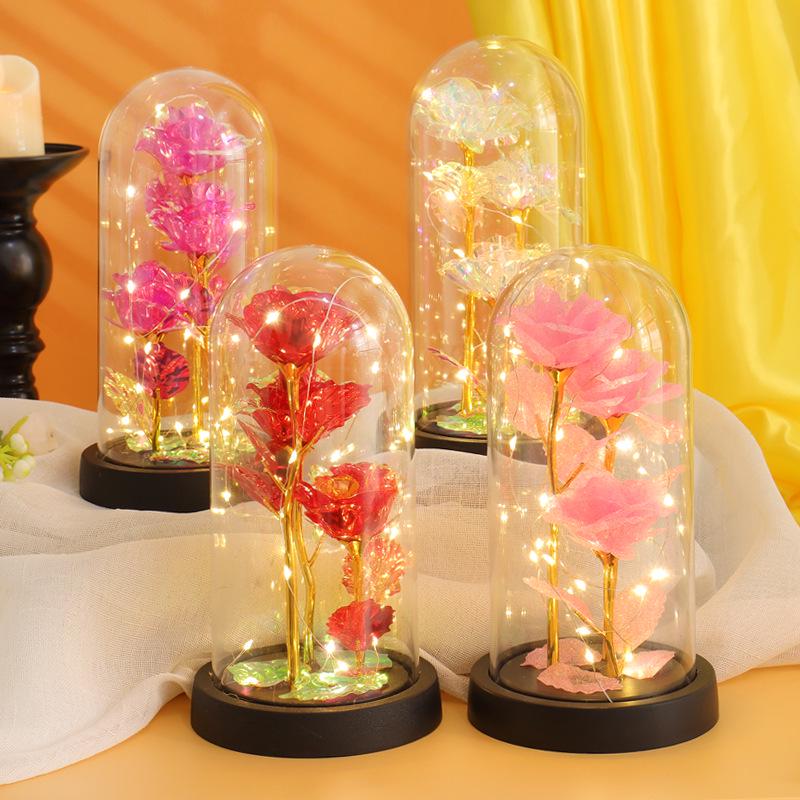 Luminous LED Rose Glass Dome Ornament with Three Flowers - Valentine's Day Bestseller Gift