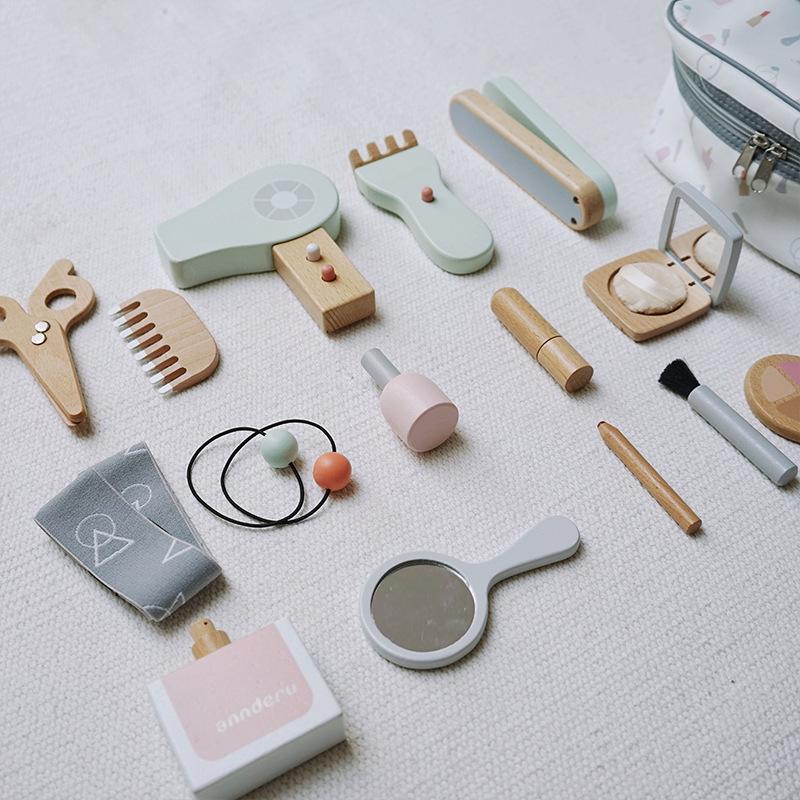 Korean Style Wooden Makeup Play Set: Pretend Eyeshadow, Powder, Lipstick, Perfume, Hair Accessories.