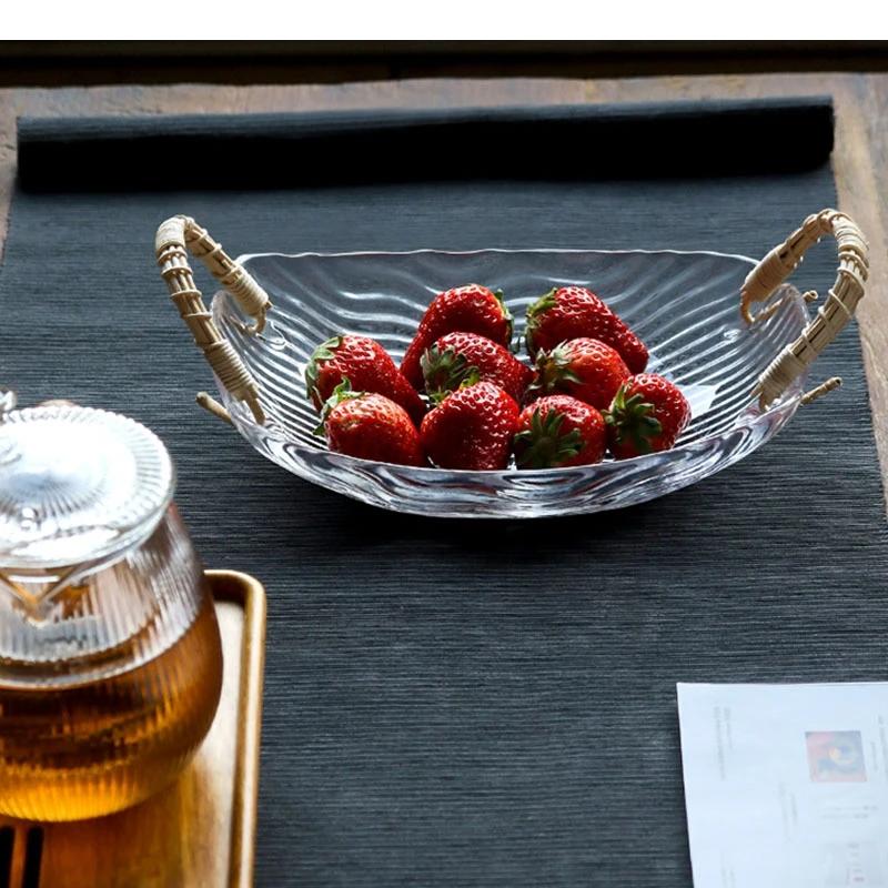 Glass Fruit Tray Household Snack Candy Dessert Plate Afternoon Tea Dim Sum Rattan Woven Portable Trays Housewear