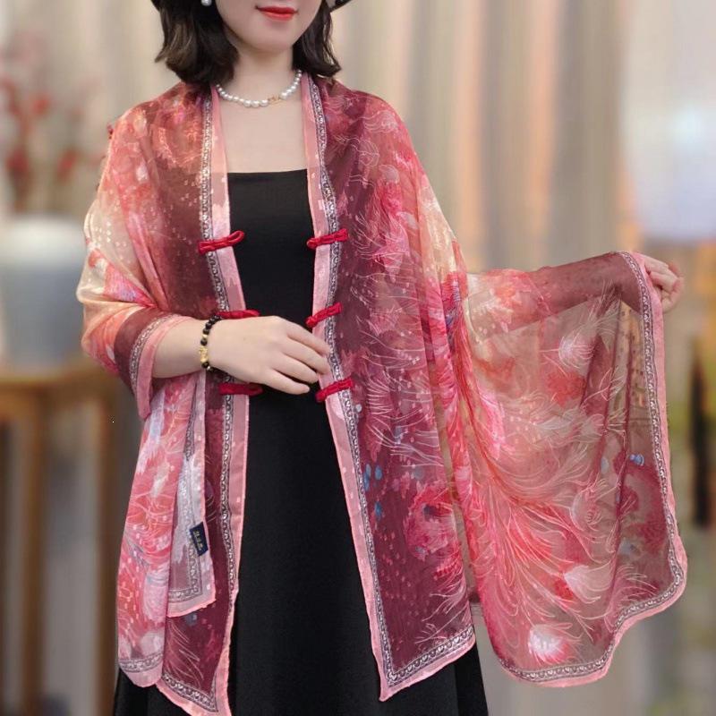 Xin Sai Qi Chinese Frog Button Cutout Shawl Fashionable Silk Scarf for Travel and Photography