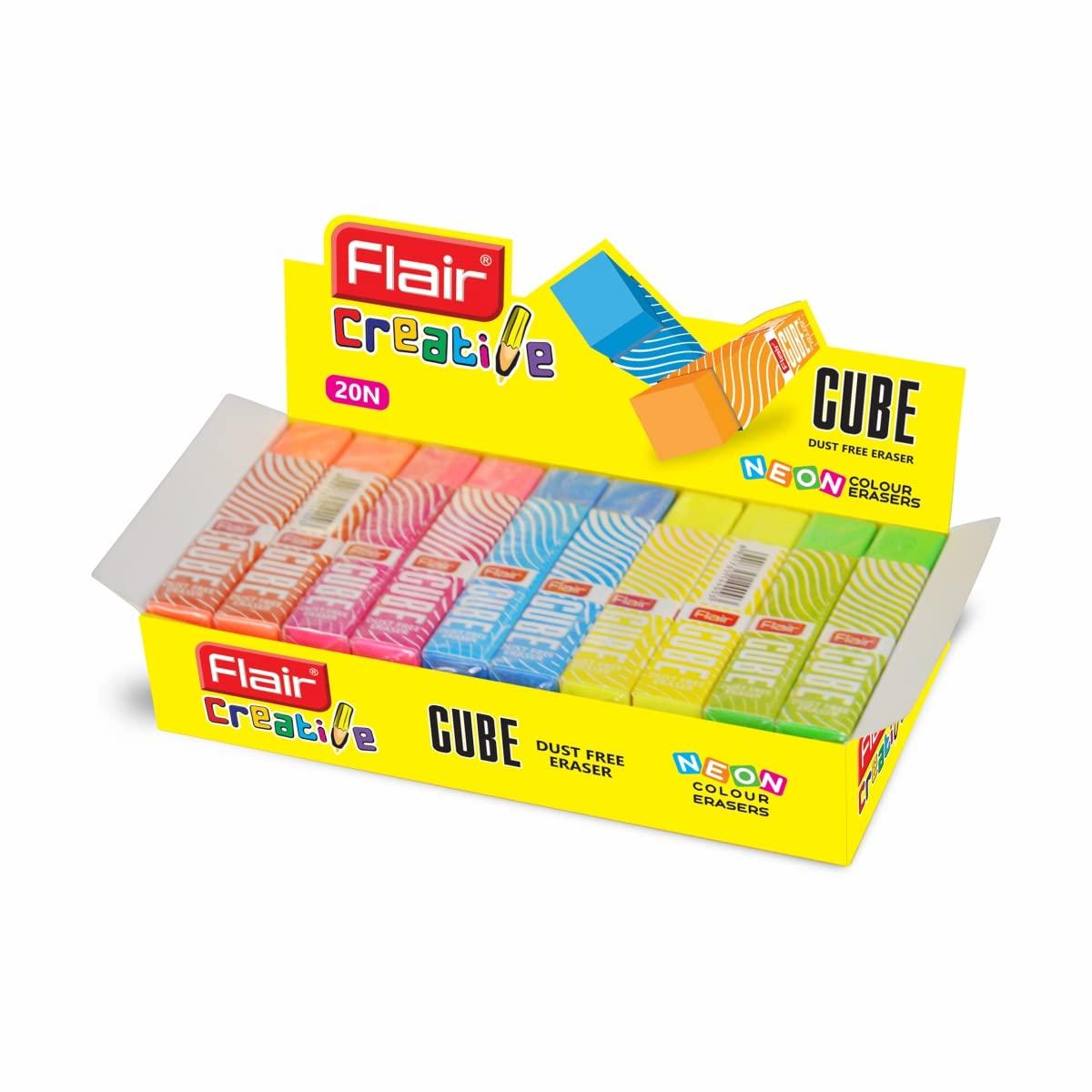 

Flair Creative Series Cube Eraser Box Pack of 20 Neon Dust Free Erasers for School Office Kids Stationery Gift Item