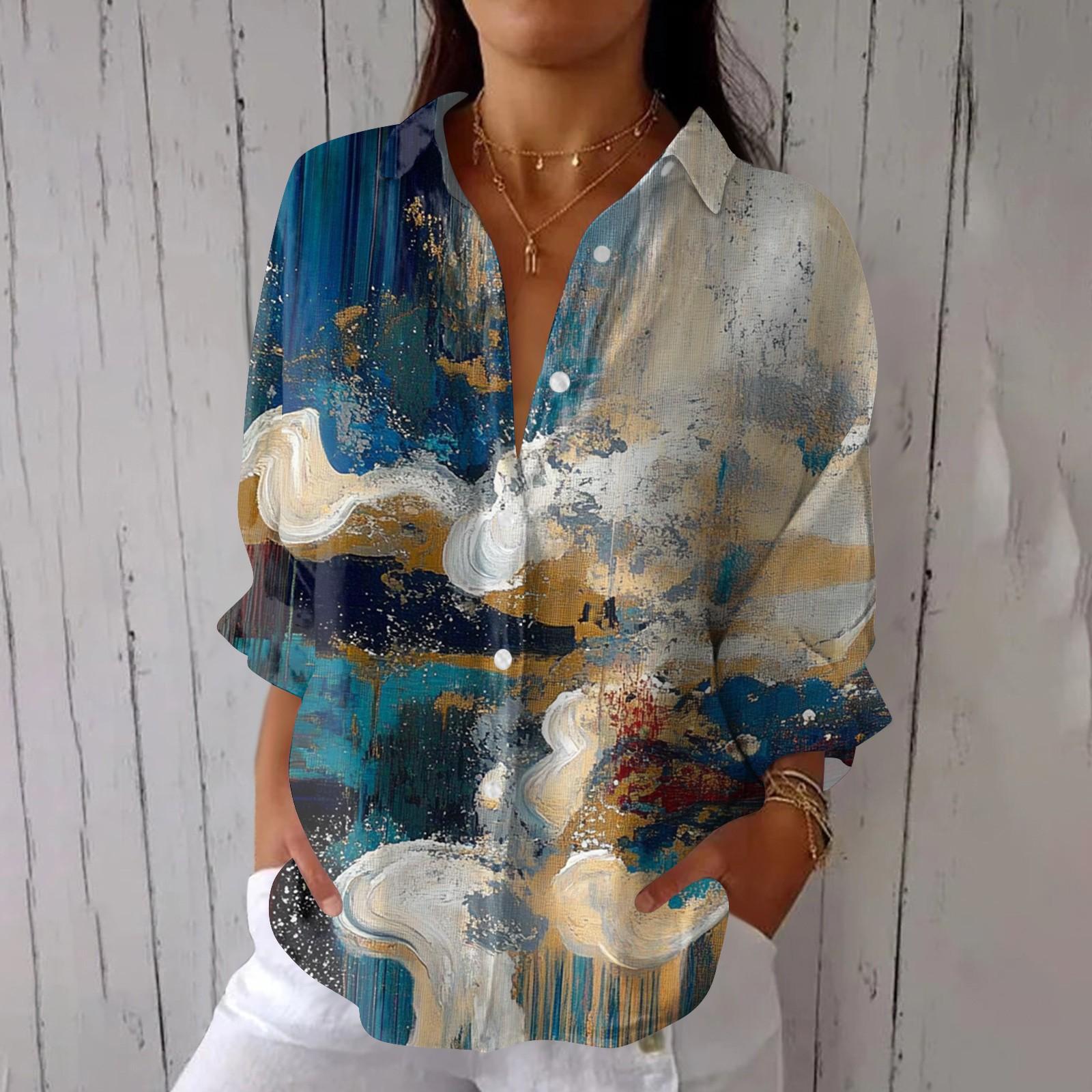 

Women s Fashion Seven Sleeve Casual Lapel Back Tie Shirt Printed T-Shirt Top XXL