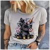 Unisex 100% Polyester Summer Top Black Cartoon Little Unicorn Print Loose Round Neck Short Sleeve Fashion for Lovers