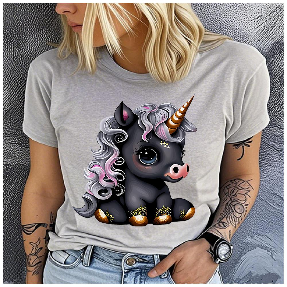 Unisex 100% Polyester Summer Top Black Cartoon Little Unicorn Print Loose Round Neck Short Sleeve Fashion for Lovers