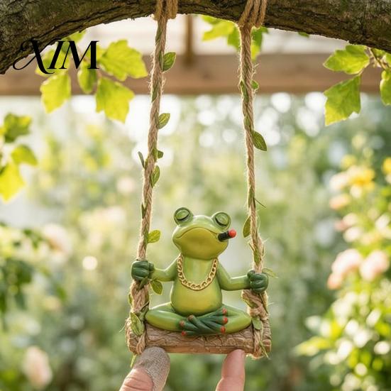 Funny Animal Swing Ornament Frog Garden Statue, Resin Meditating Hanging Ornament, Waterproof Outdoor Artistic Accessories Cute Figurine for