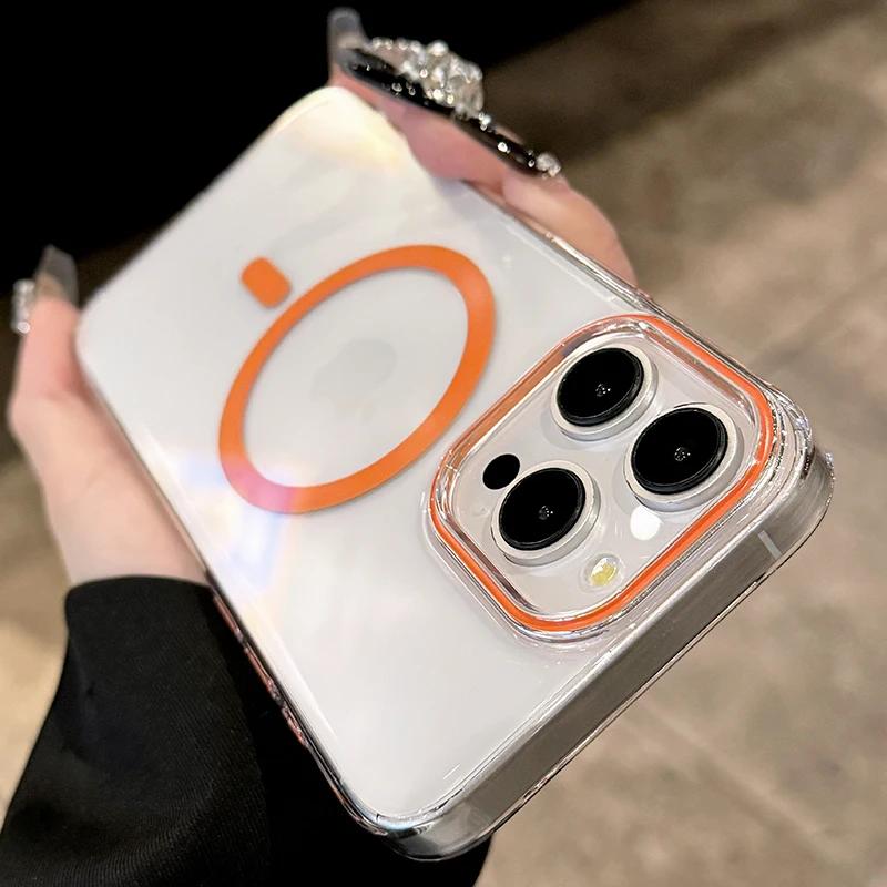 For Magsafe Phone Case For iPhone 17 16 15 14 13 Pro Max Plus 16e 17 Air Metal Buttons Transparent Clear PC Hard Cover