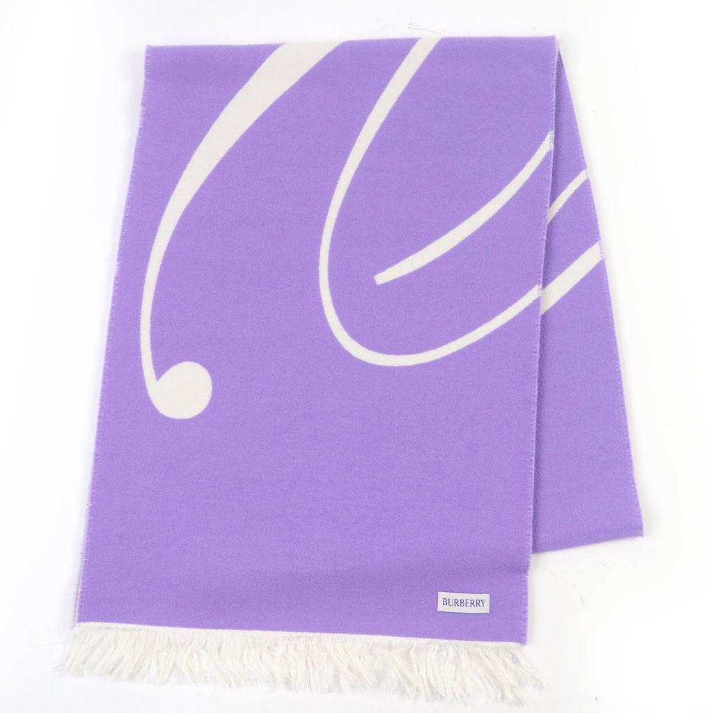 Great BURBERRY Scarf Fringed logo Ivory purple wool Women Used