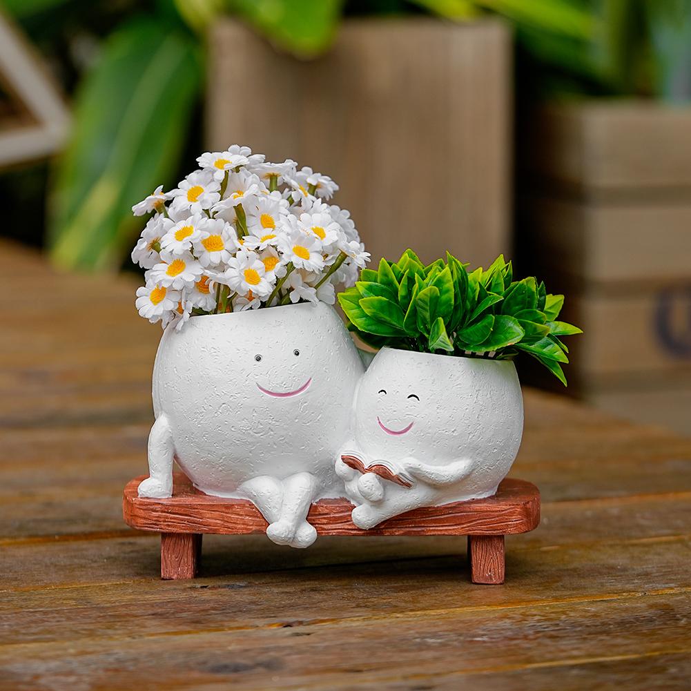 Creative Double Head Plant Pots with Drainage Hole Modern Succulent Planters Cute Smiley Face Planter for Indoor Outdoor Plants