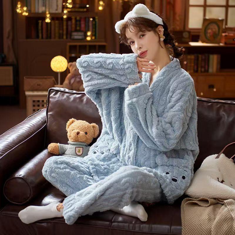 Winter Coral Fleece Thickened Warm Women's Long-sleeved Home Service Suit Can Be Worn Outside V-neck