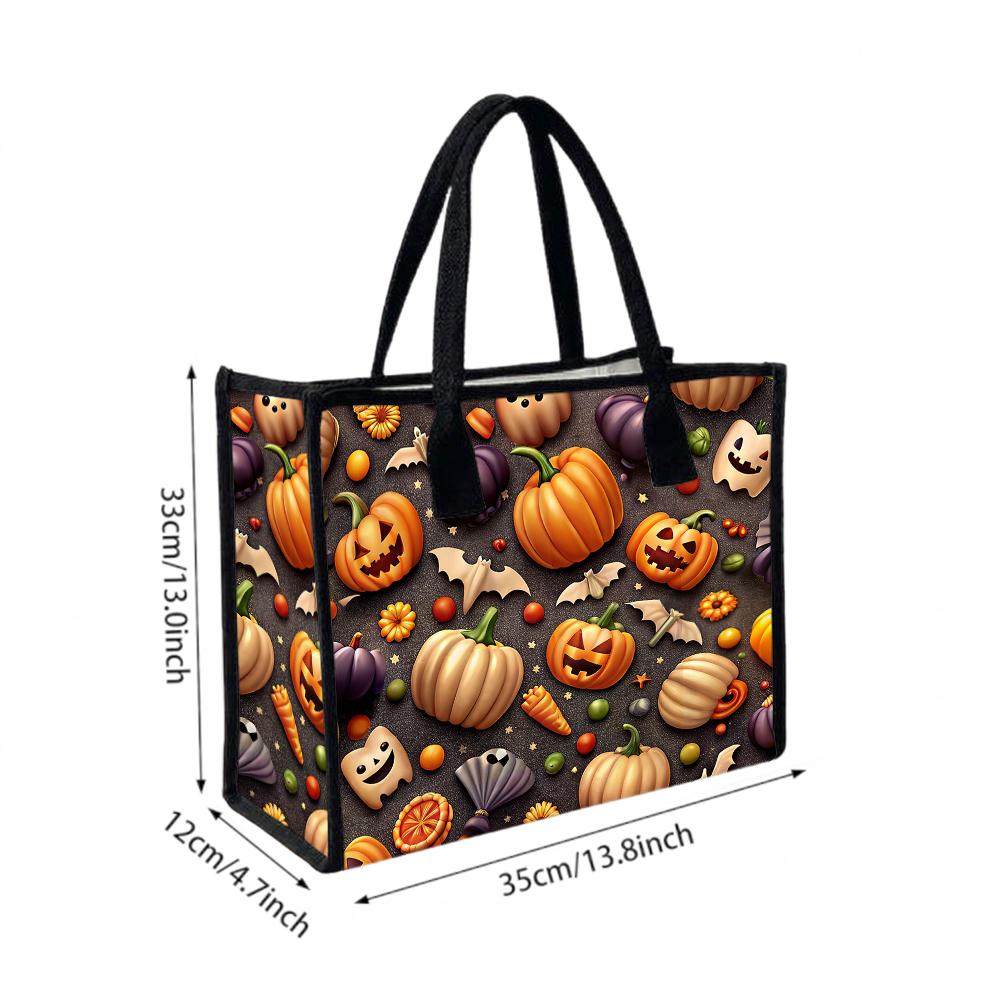 Cute Halloween Pumpkin Ghost Print Casual Tote Bag for Daily Shopping Use