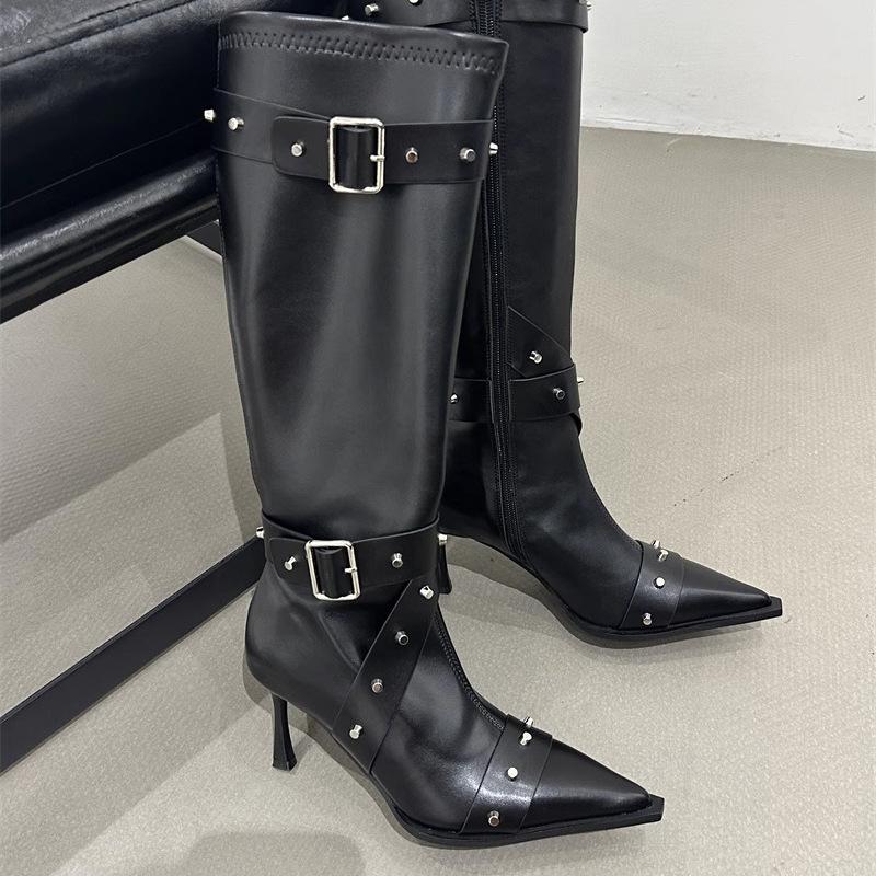 2025 Autumn and Winter New Rivet Belt Buckle High Boots Women's Shoes Pointed Fashion Thin High Heel Elastic Thin Boots Long Boots