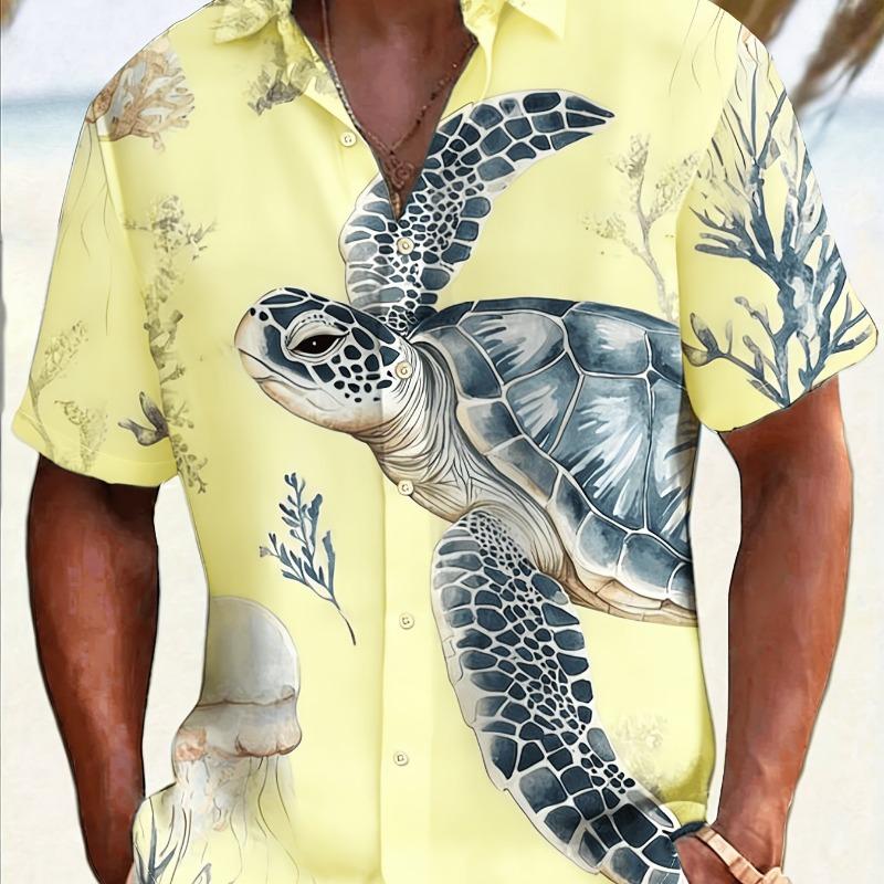 Men's Simple Hawaiian Print Button-Down Shirt -, Summer Vacation and Resort Wear