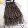 Gonna midi a strati in tulle con stampa scozzese dolce da donna con elastico in vita