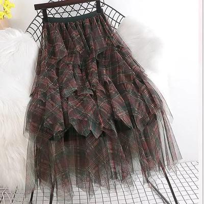 Women's Sweet Plaid Print Layered Tulle Midi Skirt with Elastic Waist