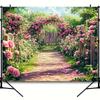 2D Pink Rose Garden Path Photography Backdrop Floral Fence Background